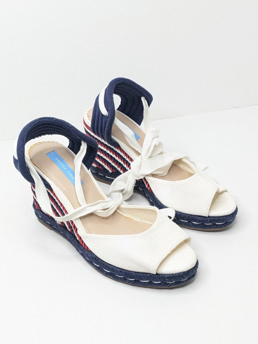 Draper James Ophelia Ankle Wrap Espadrille Wedge Sandals White Blue Women's 7.5